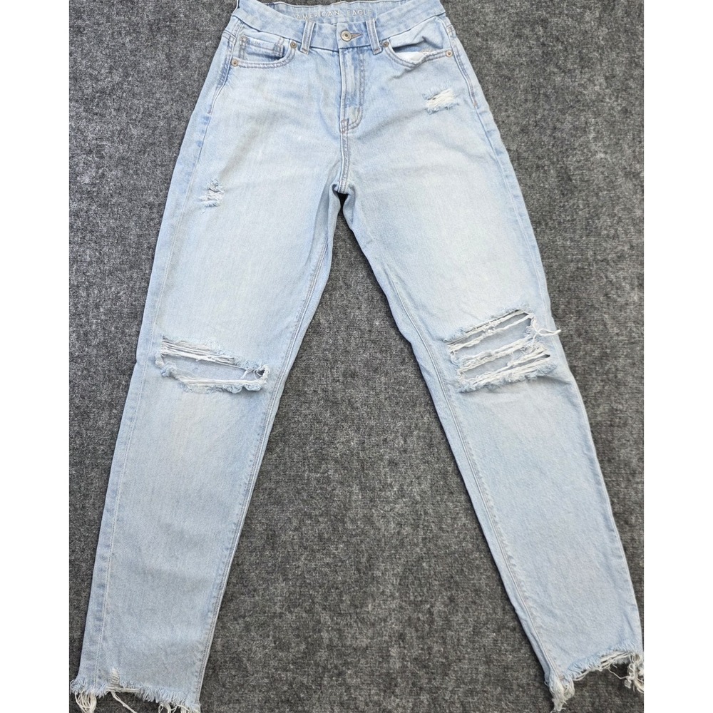 American Eagle Outfitters Curvy Mom Jean Light Blue High Rise Distressed Frayed…